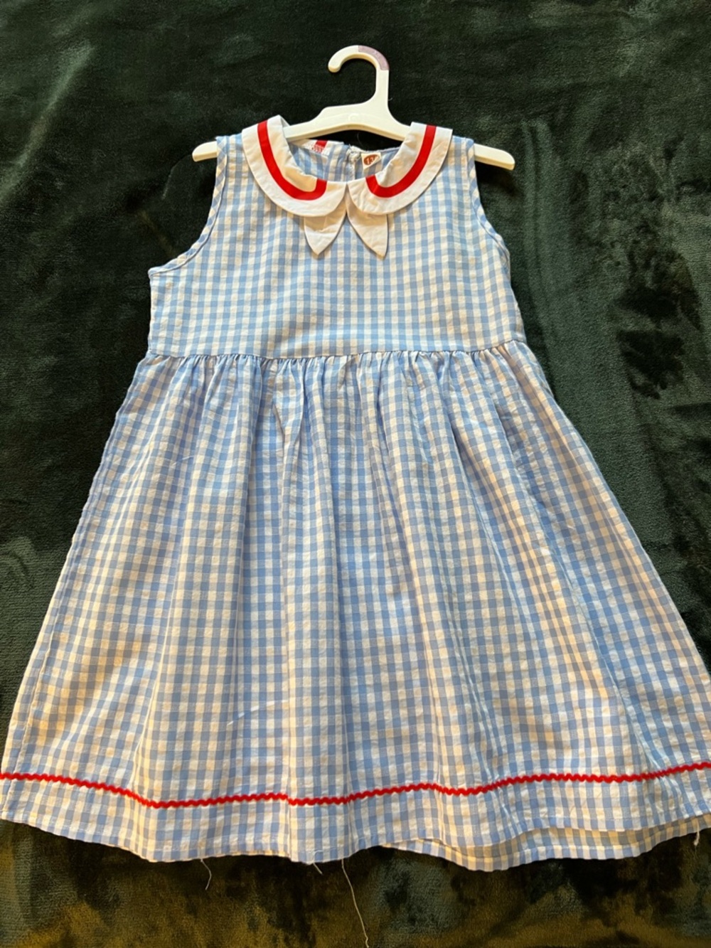 Blue Gingham Sleeveless Kids Dress with White Peter Pan Collar and Red Trim